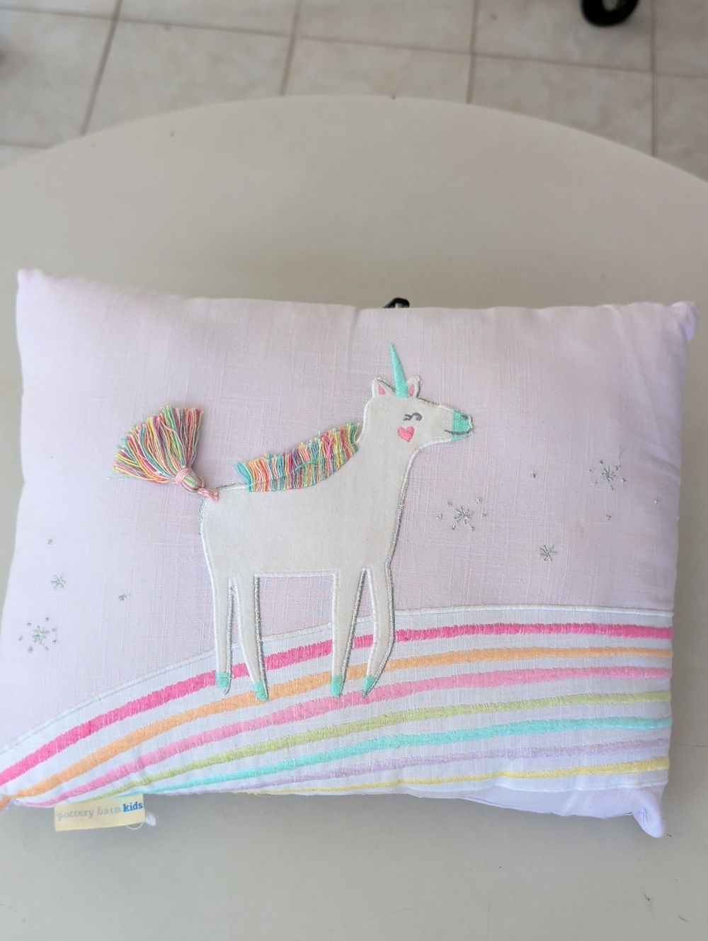 Pottery Barn Kids Pink Pastel Rainbow Striped Pillow w/ Unicorn Embroidery Chic